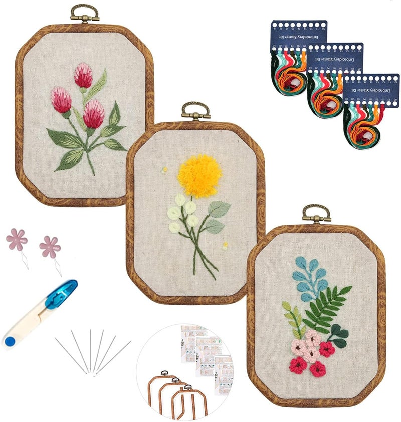 Maydear 3 Pack Embroidery Starter Kit with Pattern, Stamped Cross Stitch Kits for Beginners Adults with Embroidery Hoop and Instructions, Hand Embroidery Kit (B Set Embroidery Starter Kit) - Image 1